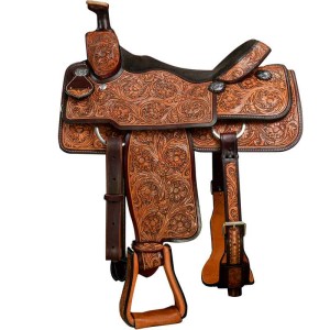 A team roping western saddle featuring leather tooled flowers with customizable seat size and personalized silver conchos